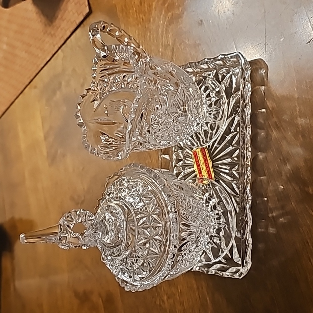 Hofbauer Byrdes Crystal Creamer & Sugar Set with Tray - Perfect Condition